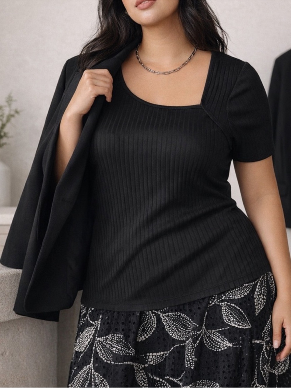 NWOT LANE BRYANT Asymmetrical Neck Ribbed Top Black Fitted Stretch Tee 18 - 20